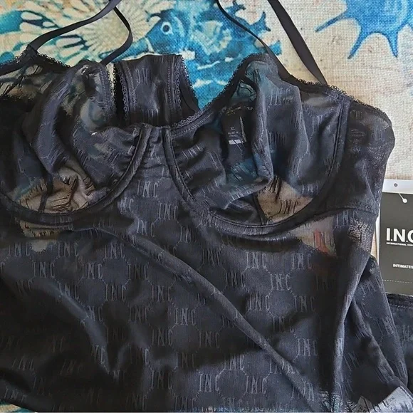 I.N.C. Intimates Size XL Black Sheer Lace and Mesh Bodysuit - Picture 2 of 15